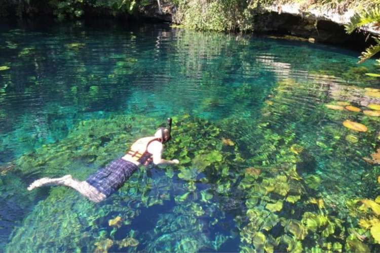 Turista-haciendo-snorkel-en-un-cenote